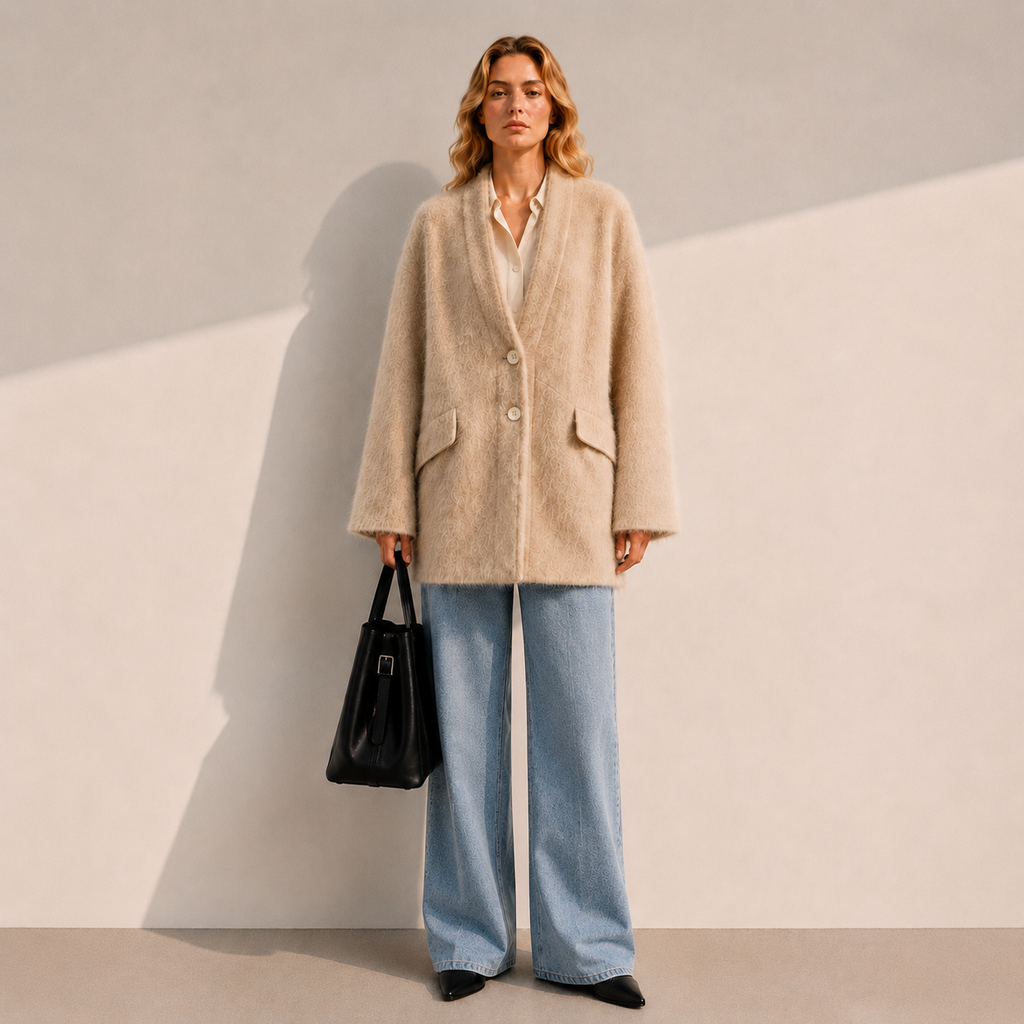 High-twist Wool Womens Single-face Fleece Coat Winter Casual Handcrafted V-neck Fashionable Versatile Solid Color Button Closure GC0036