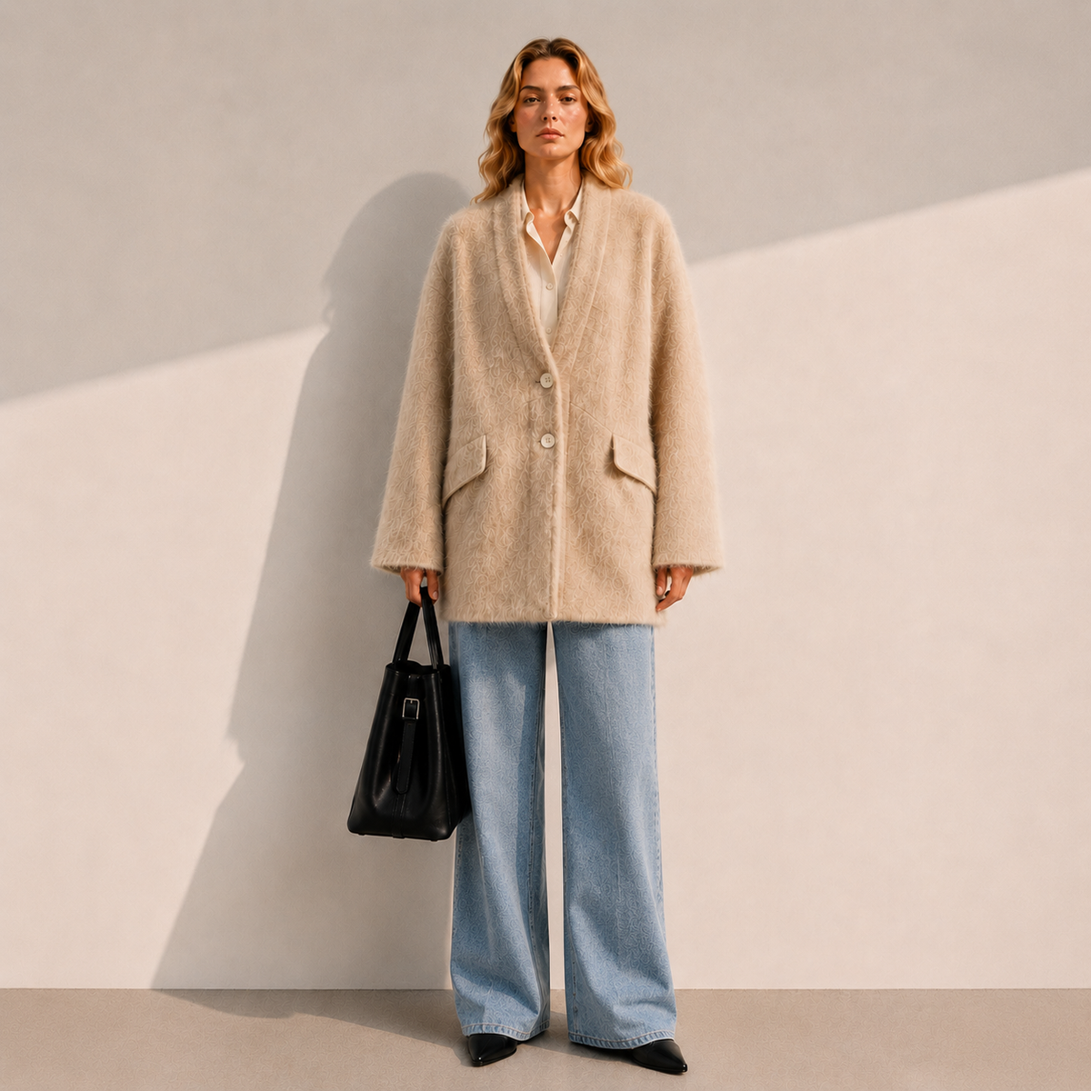 High-twist Wool Womens Single-face Fleece Coat Winter Casual Handcrafted V-neck Fashionable Versatile Solid Color Button Closure GC0036