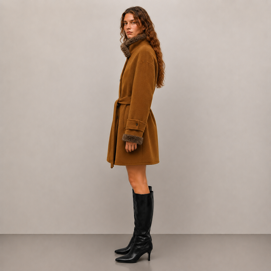 Women's Wool Woven Coat with Belt Closure Breathable Stand Collar Midi Length Casual Winter Designer Clothing H2751