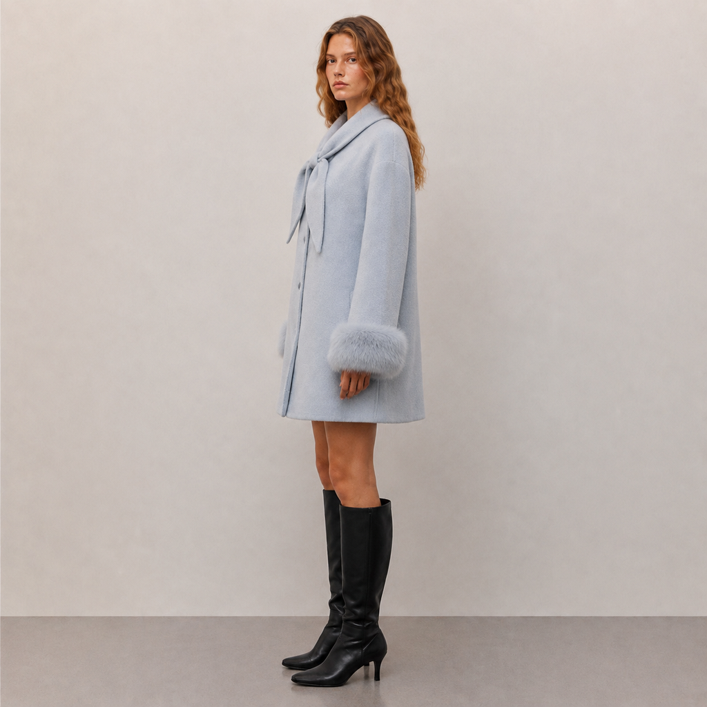 Sweet Ladies Fox Fur Cuff Woven Coat with Bowtie & Button Detail Wool Blend for Spring Autumn Fashion Korean Style L26152