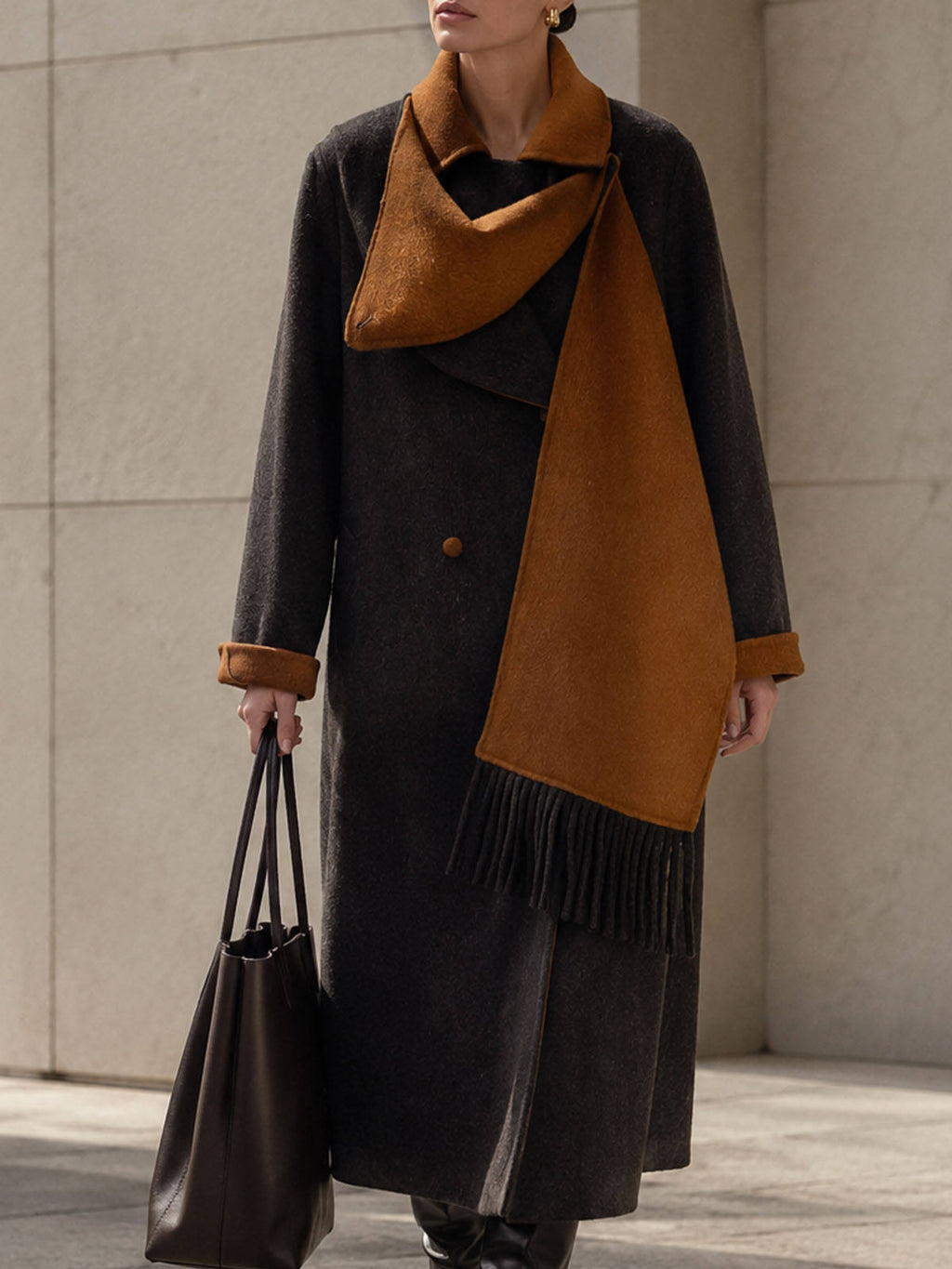 2026 New Arrival Winter Women's Charcoal Wool Coat Integrated Scarf Single Button Minimalist Longline Overcoat Thick GC0005