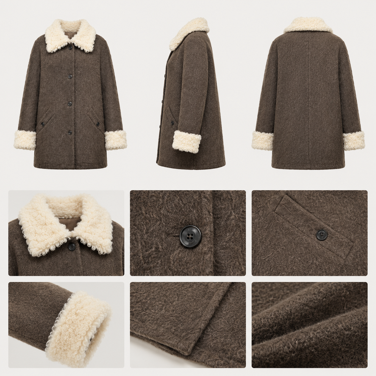 Women's Autumn Mid-Length Wool Coat with Shearling Collar, Reversible Double-Faced Wool Jacket J2613