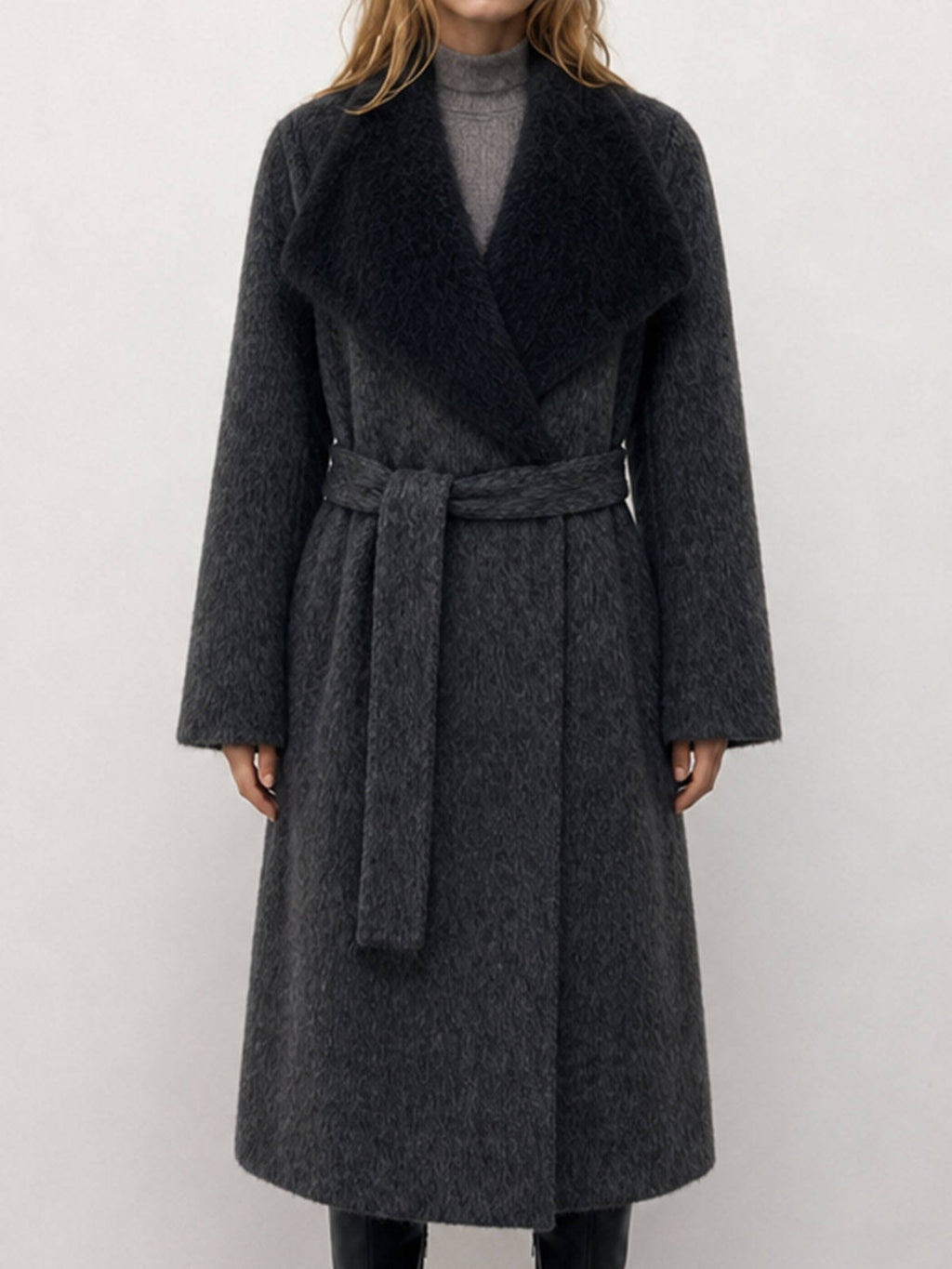 Winter Women's Formal Casual Breathable Woolen Coat with Fur Hood Long Cashmere Belt Double Faced Hand Sewn 2kg H2676