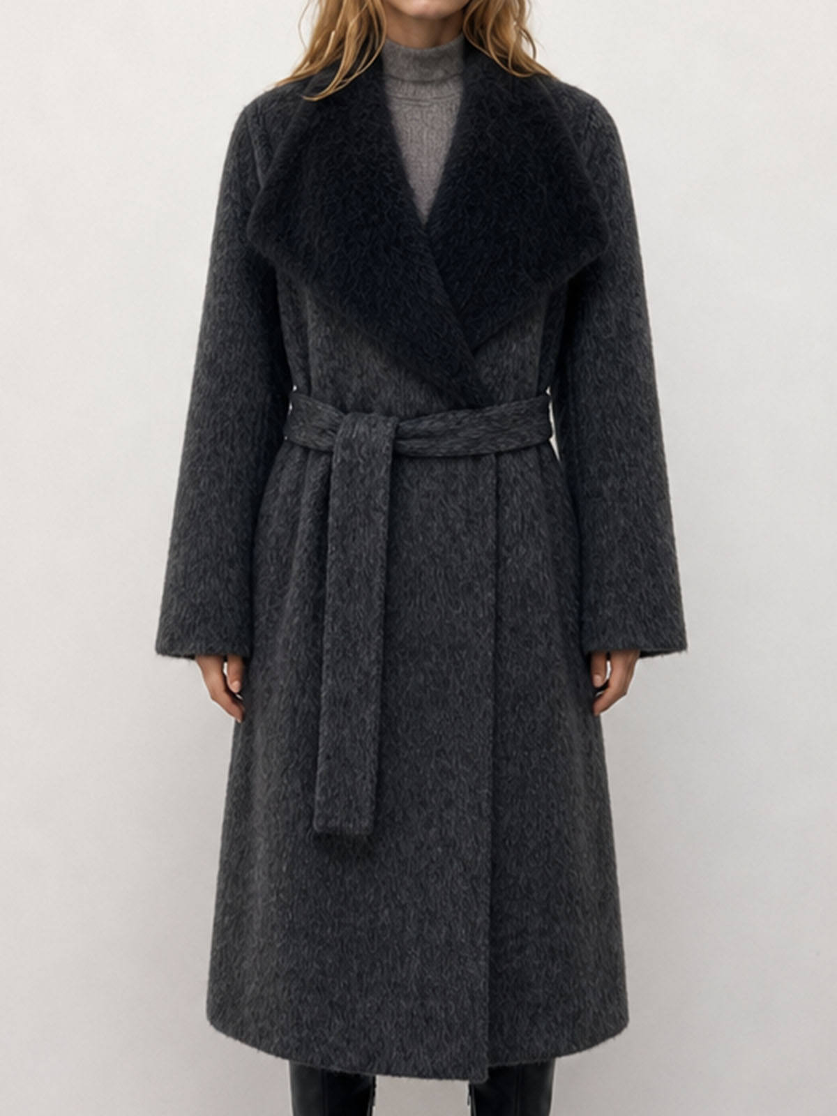 Winter Women's Formal Casual Breathable Woolen Coat with Fur Hood Long Cashmere Belt Double Faced Hand Sewn 2kg H2676