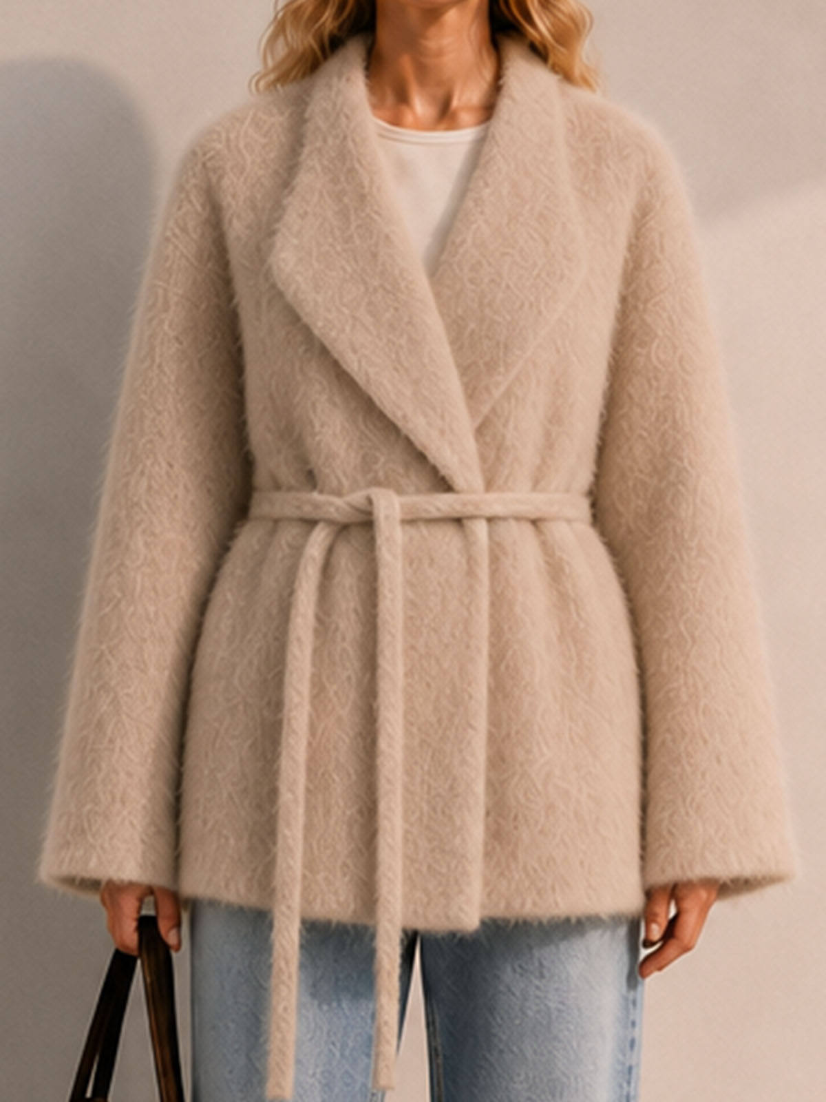 Elegant Thick Vintage Single Breasted Woolen Wrap Jacket Women's Belted Wool Winter Outerwear Round Neck  GC0051