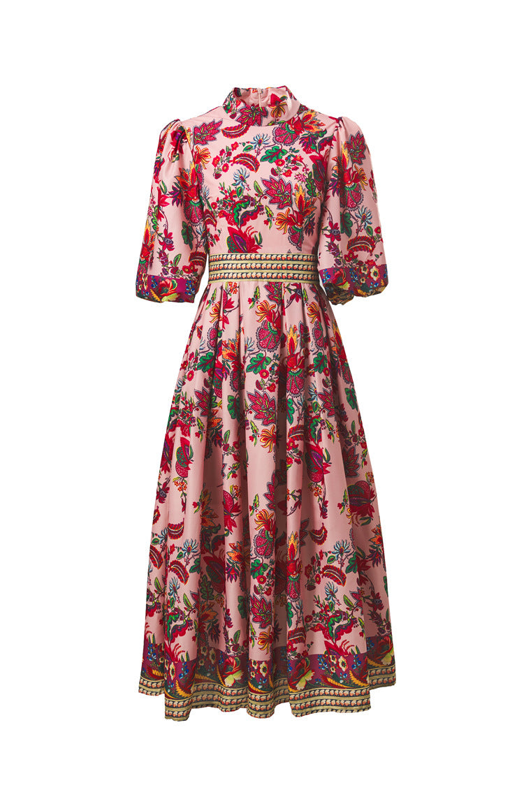 New Women Plus Size Dress, Premium Fabric Printed Cow Horn Shoulder Short Sleeve Slim Waist Dress