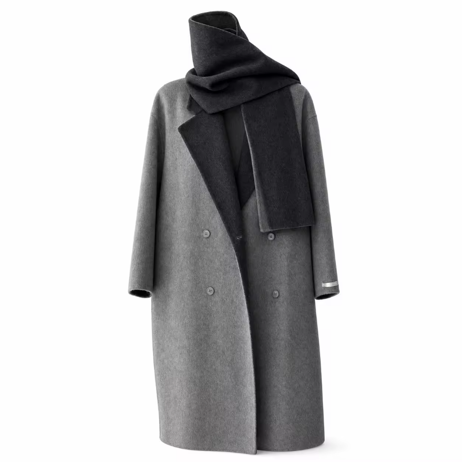 Winter Long Casual Vintage Breathable Cashmere Trench Coat Turn-Down Collar Double Breasted Woolen Closure with Scarf GC0030