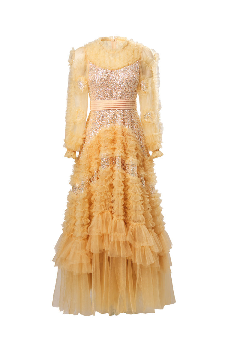 Plus Size Women Sparkly French Dress, Beaded Floral Ruffle Crew Neck Mesh Splice Multi‑Layer Dress