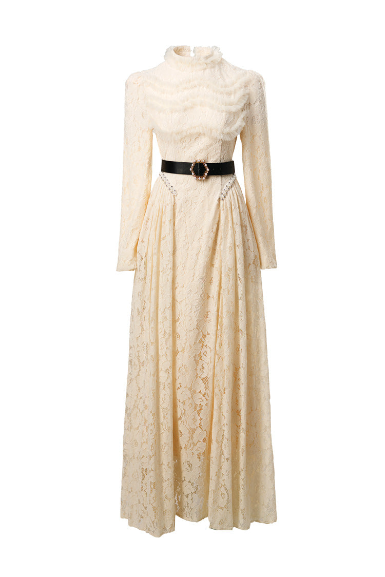 Plus Size Women Romantic Dress, Pearl Lace Floral Ruffle Crew Neck Cow Horn Shoulder Belted Long Sleeve Swing Dress