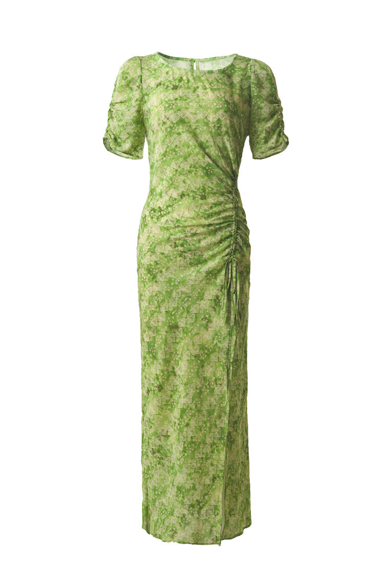 Plus Size 2026 Summer French Fresh Dress, Green Print Crew Neck Short Sleeve Waist Ruched Slit Hem Women Dress