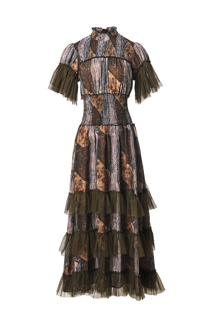 Plus Size Women Elegant Luxury Dress, Splice Mesh Stand Collar Waist Cinched Multi‑Layer Cake Skirt