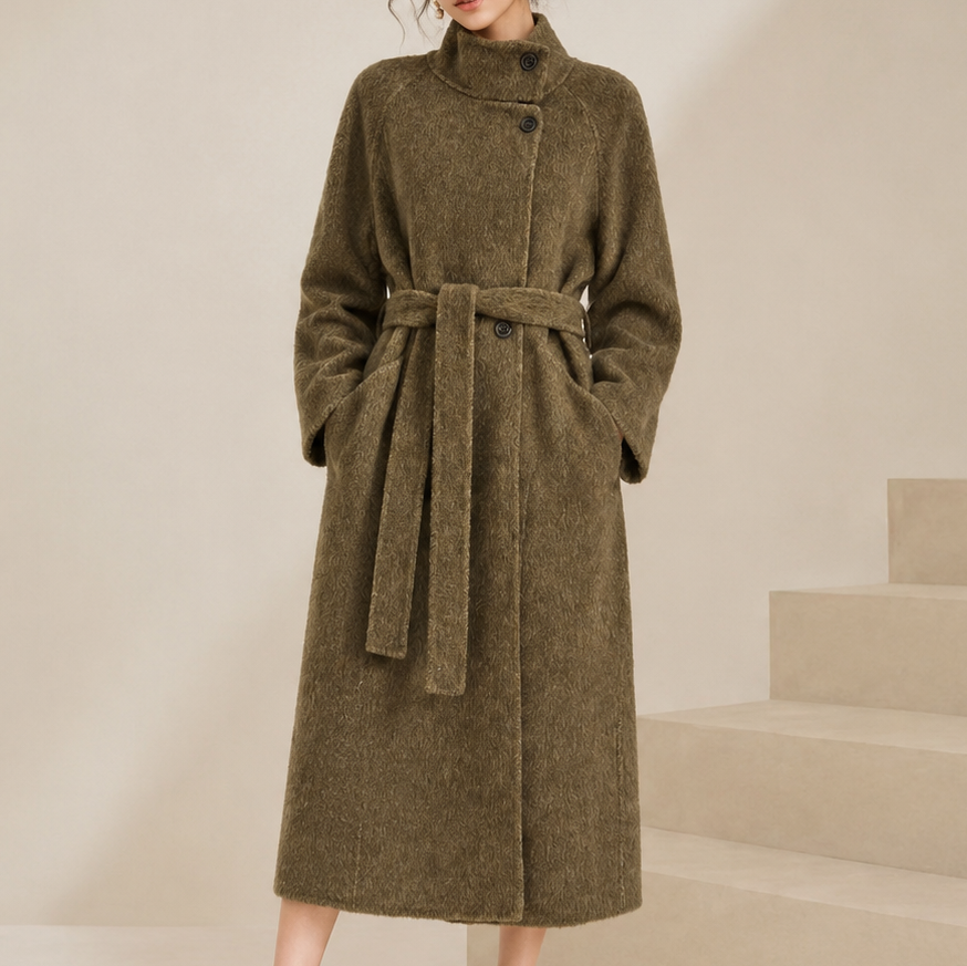 New Arrival Winter Women's Korean Style Casual Wool Stand Collar Belted Long Coat Apparel Stock 2562