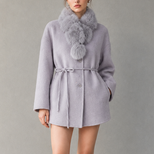2026 Autumn/Winter Women's Wool Coat, Solid Color Mid-Length Belted Coat with Cashmere Fur, Breathable Loose Outerwear F8917