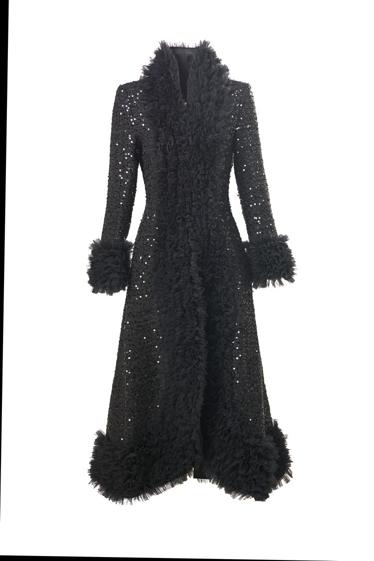 Plus Size High‑End Elegant Classic Black Fall Winter Dress, Ruffle Collar Hand Beaded Coat Dress