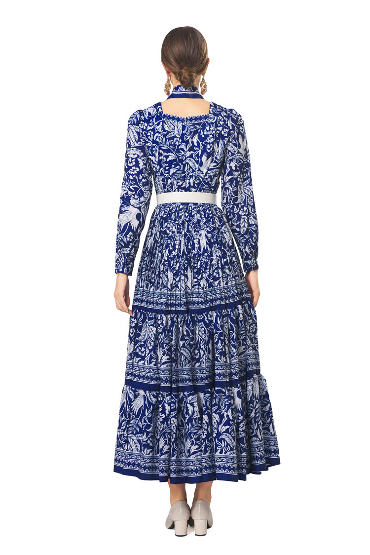 Plus Size 2026 New New Chinese Style Dress, Chinese Porcelain Print French Collar Scarf‑Neck Belted Pleated Women Dress