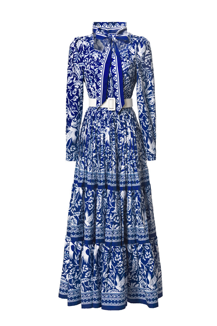 Plus Size 2026 New New Chinese Style Dress, Chinese Porcelain Print French Collar Scarf‑Neck Belted Pleated Women Dress