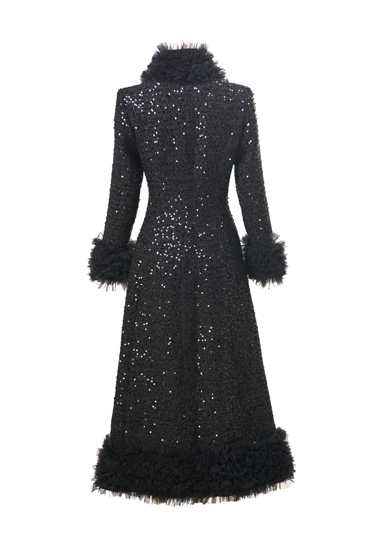Plus Size High‑End Elegant Classic Black Fall Winter Dress, Ruffle Collar Hand Beaded Coat Dress