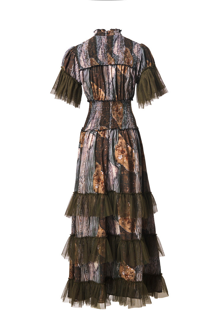 Plus Size Women Elegant Luxury Dress, Splice Mesh Stand Collar Waist Cinched Multi‑Layer Cake Skirt