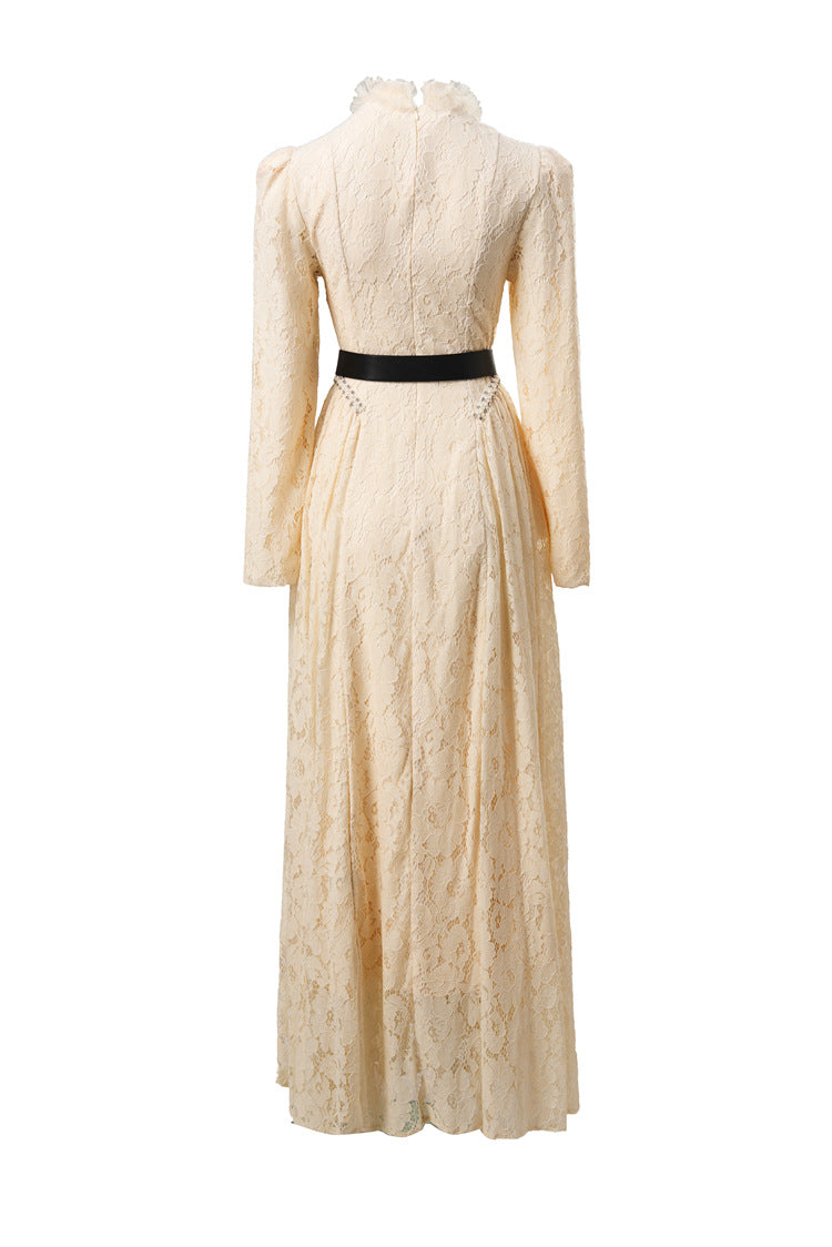 Plus Size Women Romantic Dress, Pearl Lace Floral Ruffle Crew Neck Cow Horn Shoulder Belted Long Sleeve Swing Dress