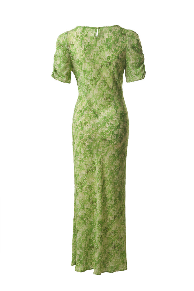Plus Size 2026 Summer French Fresh Dress, Green Print Crew Neck Short Sleeve Waist Ruched Slit Hem Women Dress