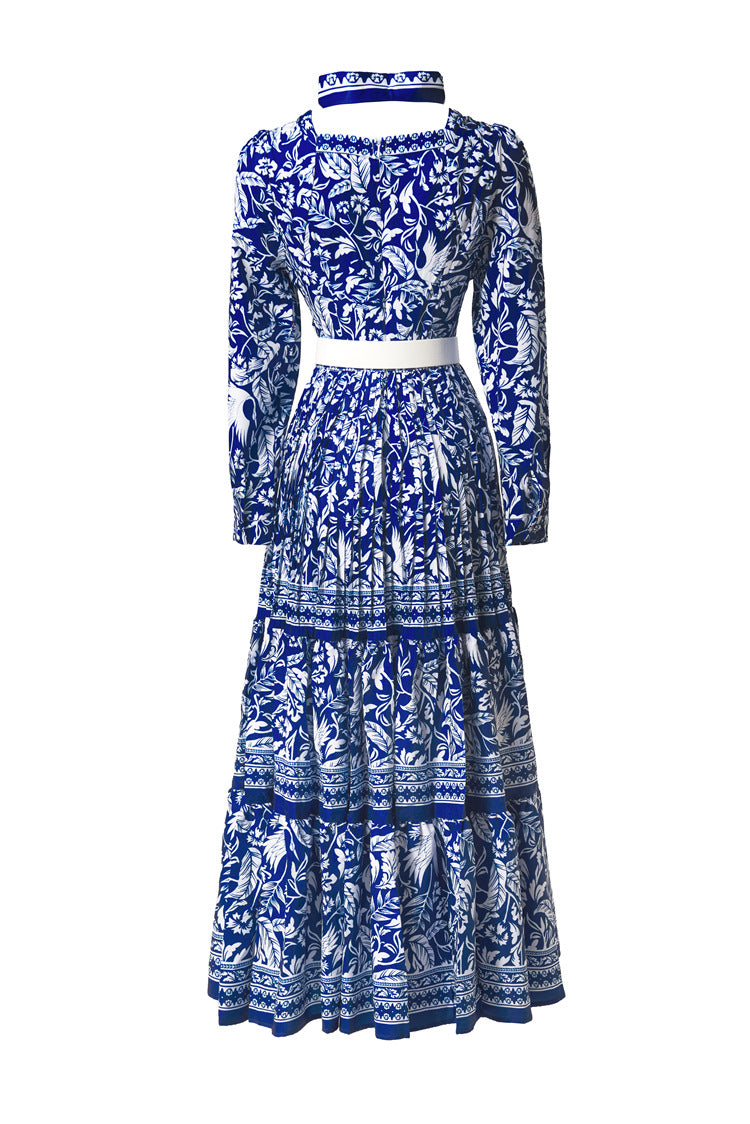 Plus Size 2026 New New Chinese Style Dress, Chinese Porcelain Print French Collar Scarf‑Neck Belted Pleated Women Dress