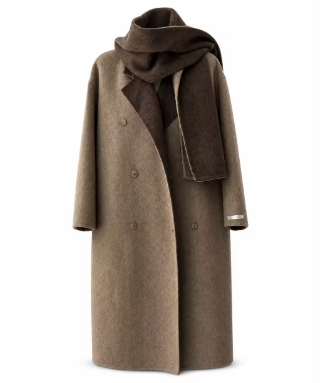 Winter Long Casual Vintage Breathable Cashmere Trench Coat Turn-Down Collar Double Breasted Woolen Closure with Scarf GC0030