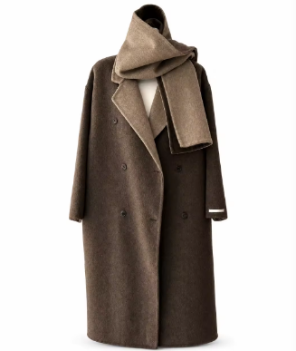 Winter Long Casual Vintage Breathable Cashmere Trench Coat Turn-Down Collar Double Breasted Woolen Closure with Scarf GC0030