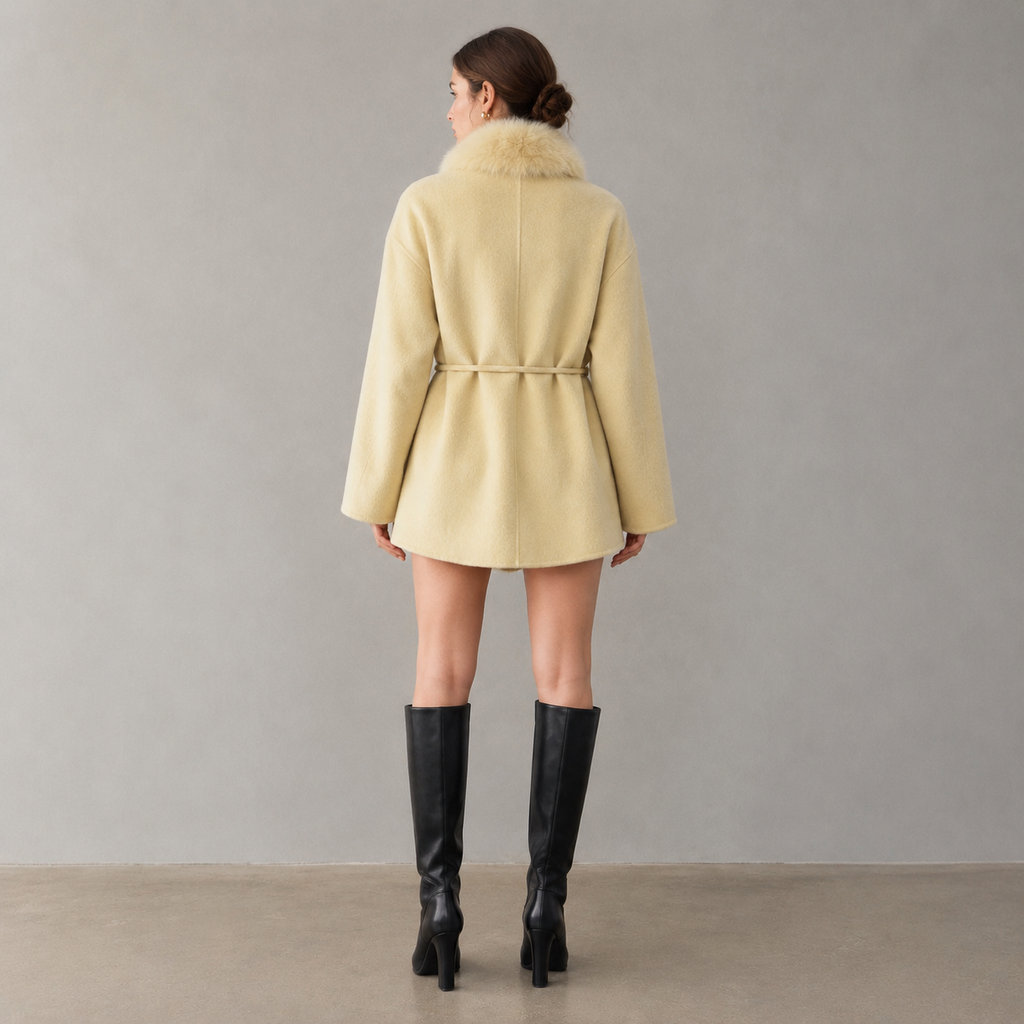 2026 Autumn/Winter Women's Wool Coat, Solid Color Mid-Length Belted Coat with Cashmere Fur, Breathable Loose Outerwear F8917