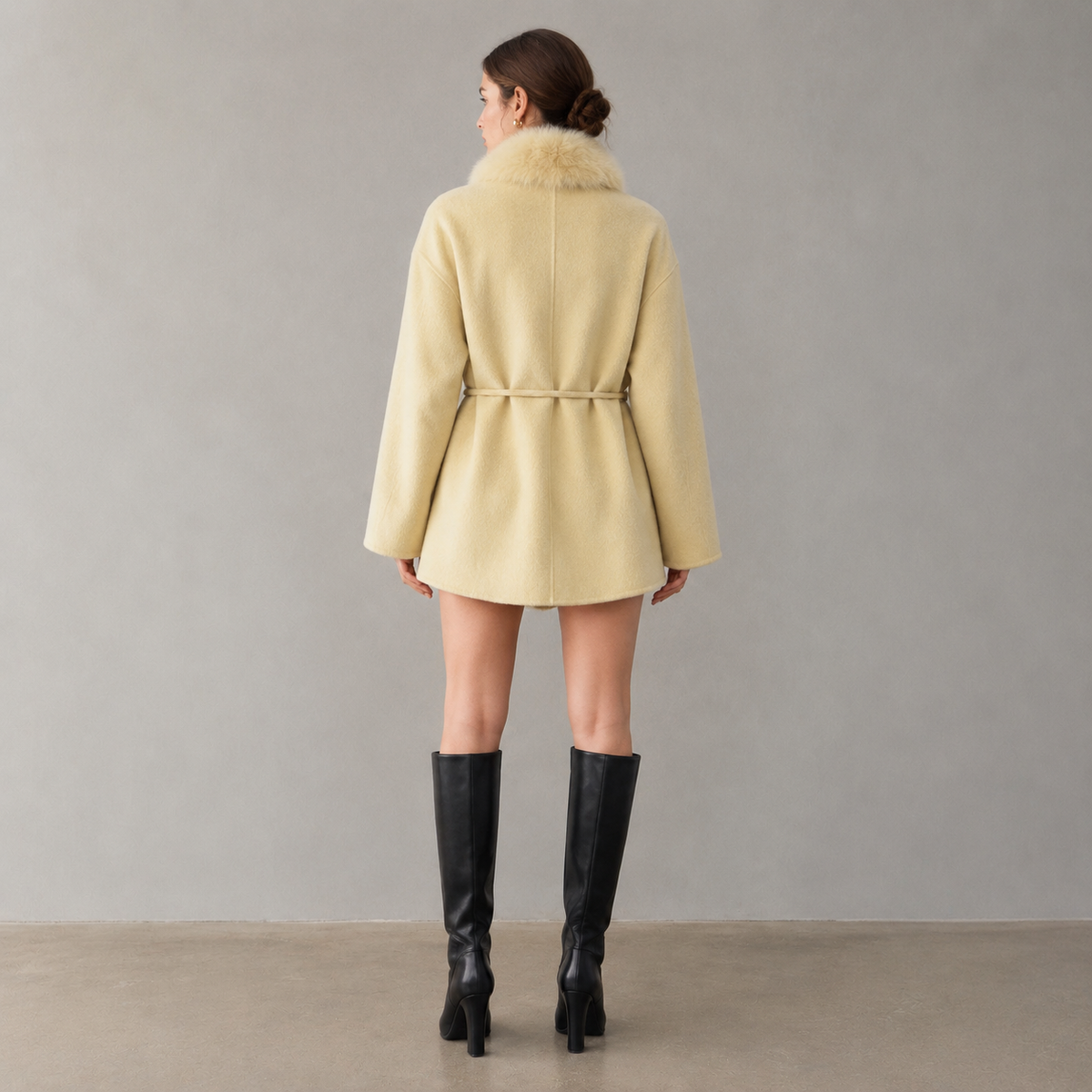 2026 Autumn/Winter Women's Wool Coat, Solid Color Mid-Length Belted Coat with Cashmere Fur, Breathable Loose Outerwear F8917