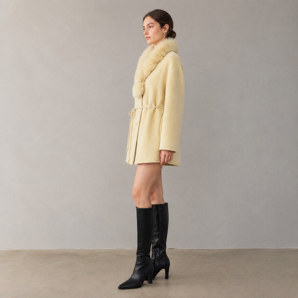 2026 Autumn/Winter Women's Wool Coat, Solid Color Mid-Length Belted Coat with Cashmere Fur, Breathable Loose Outerwear F8917